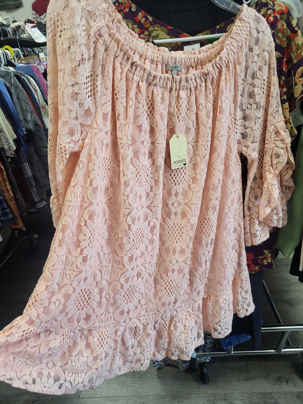 JODIFL Blush Pink Floral Lace Off-Shoulder Tunic
